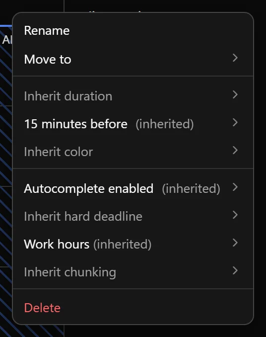 A folder menu showing shared properties and inherited values.