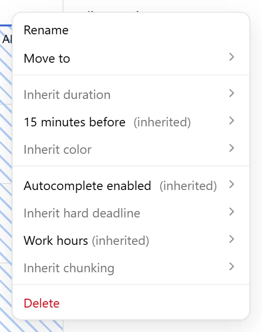A folder menu showing shared properties and inherited values.