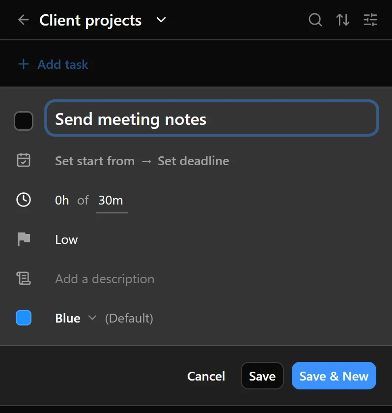 The new task panel showing Save and Save &amp; New.