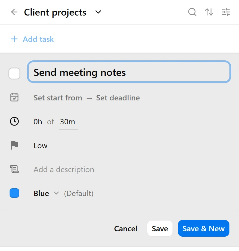 The new task panel showing Save and Save &amp; New.