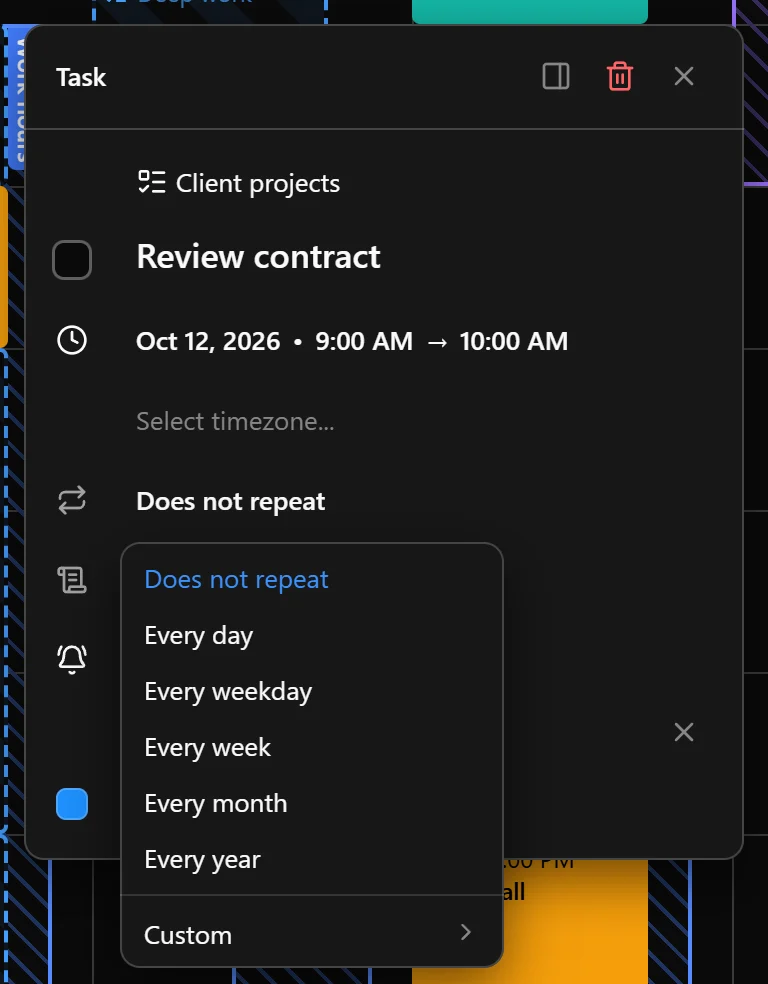 A task occurrence with the recurrence options open.