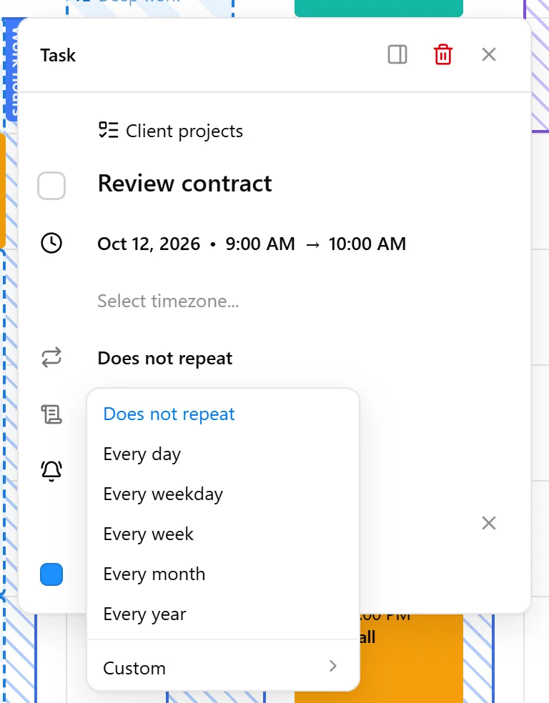A task occurrence with the recurrence options open.