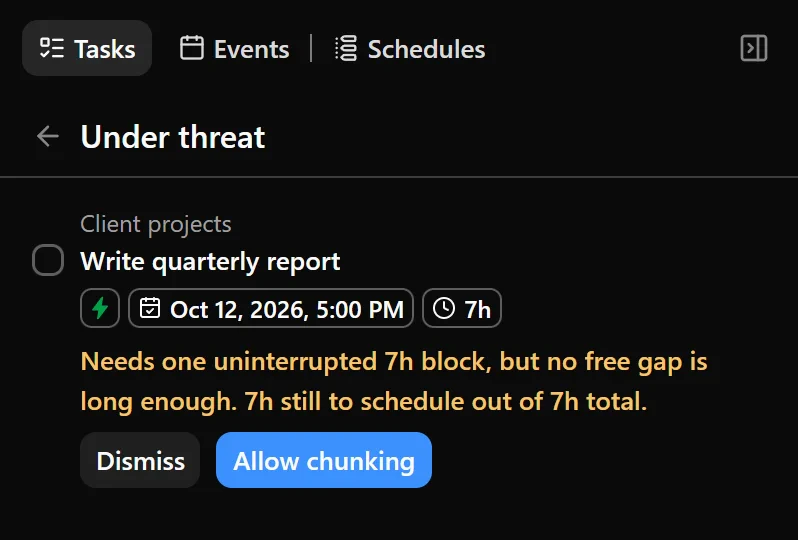 Under threat showing a scheduling warning, its explanation, and an available quick fix.