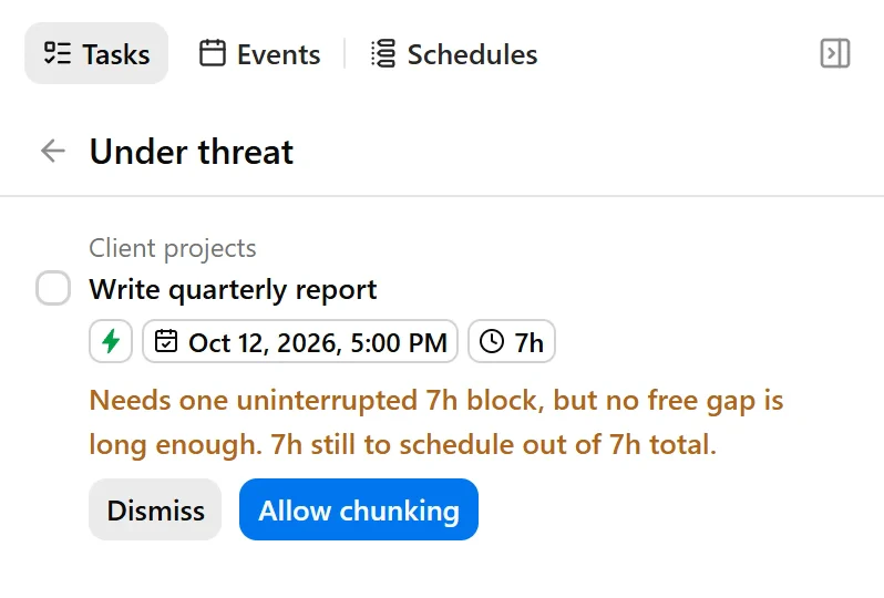 Under threat showing a scheduling warning, its explanation, and an available quick fix.