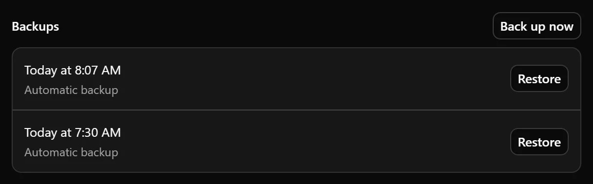A vault’s Backups section showing Back up now, available backups, and their creation times.