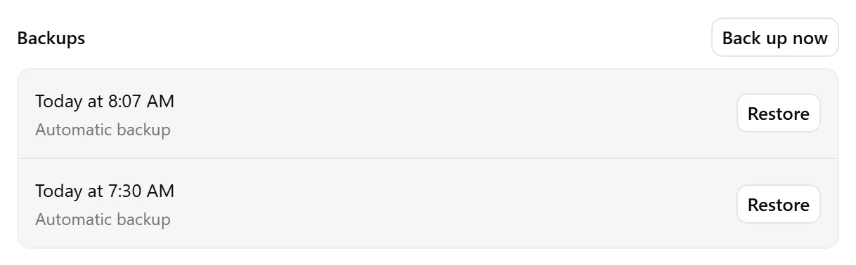 A vault’s Backups section showing Back up now, available backups, and their creation times.