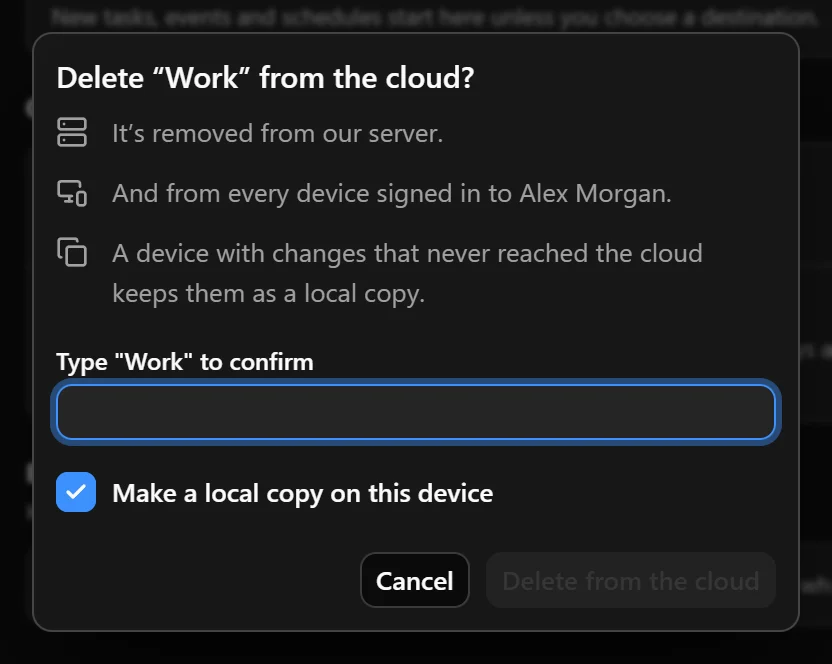 Delete from the cloud confirmation showing the vault-name field and Make a local copy on this device option.