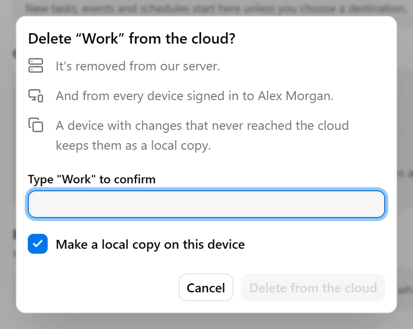 Delete from the cloud confirmation showing the vault-name field and Make a local copy on this device option.