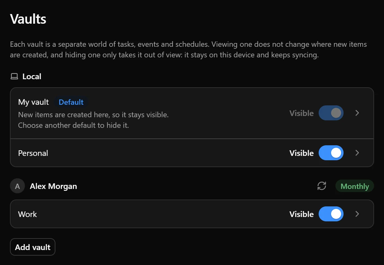 Settings → Vaults showing cloud vaults under an account. Check for new vaults is the unlabeled refresh icon in the account’s row, next to its plan badge.