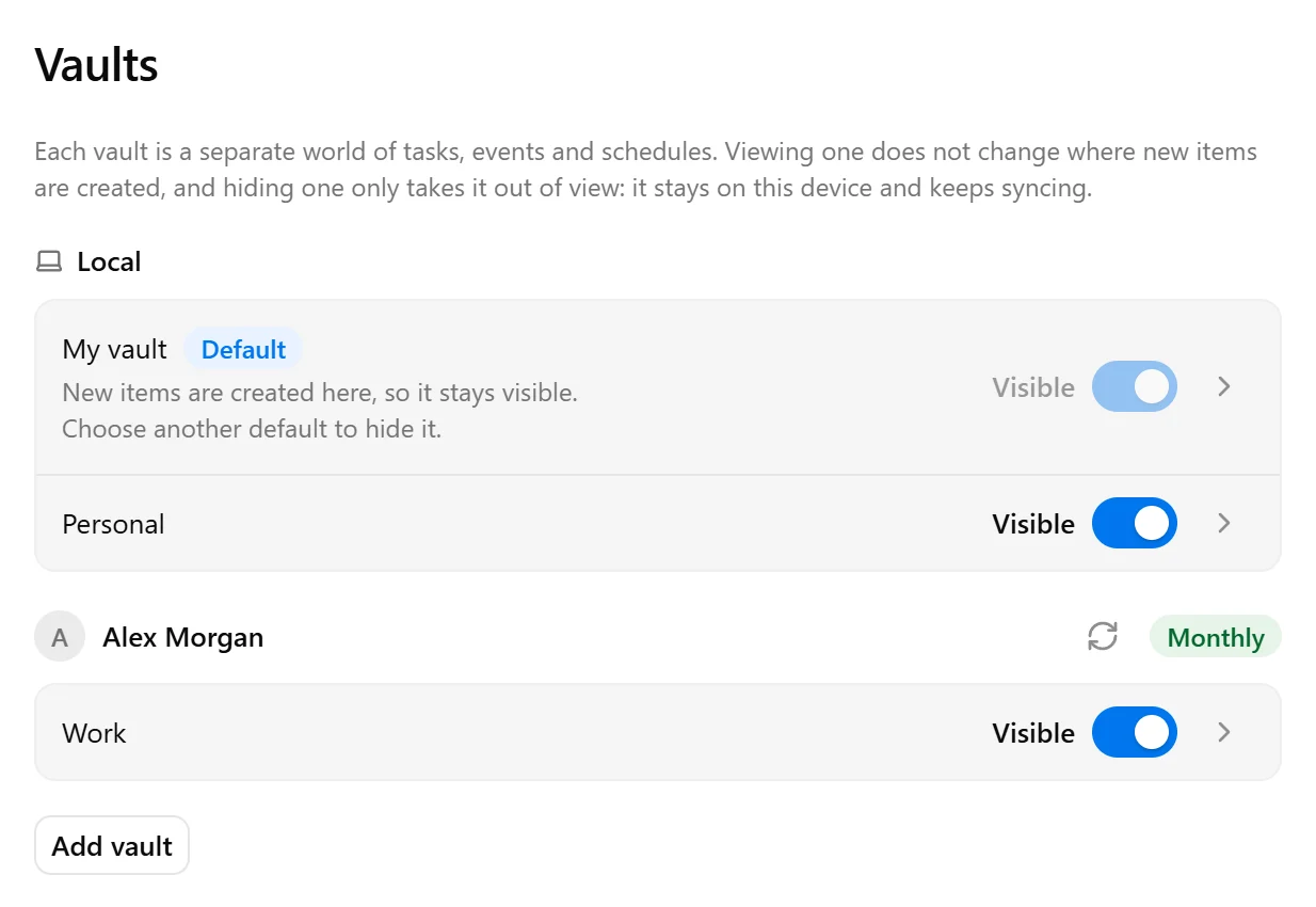 Settings → Vaults showing cloud vaults under an account. Check for new vaults is the unlabeled refresh icon in the account’s row, next to its plan badge.