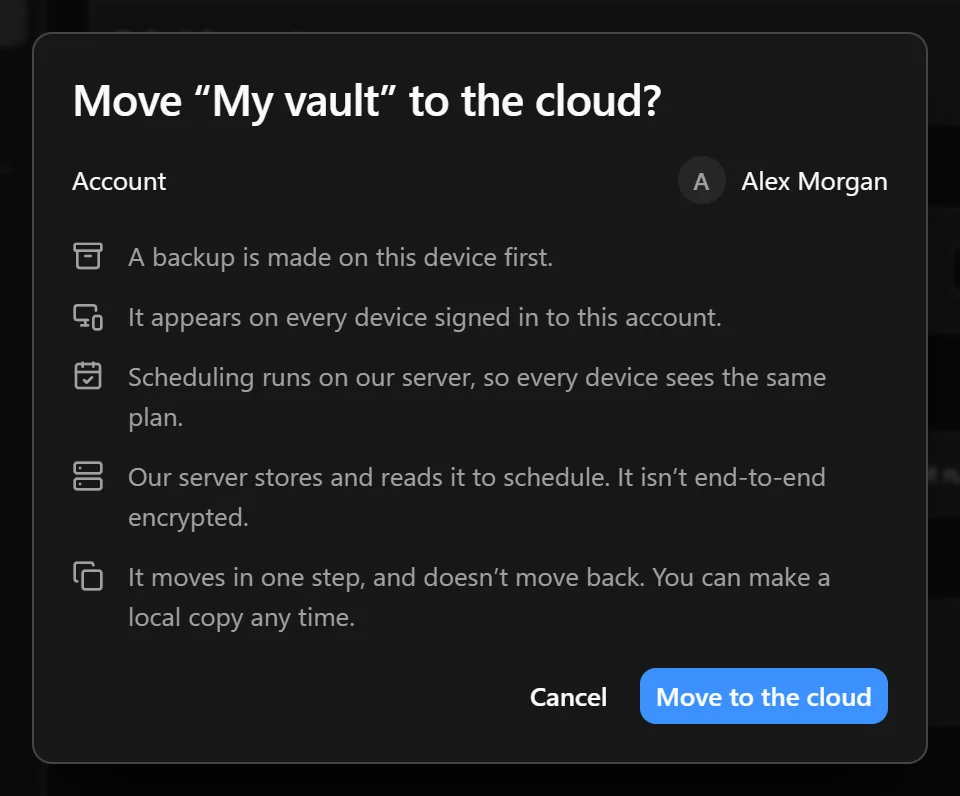 Move to the cloud confirmation showing the selected account and an explanation of what will change.