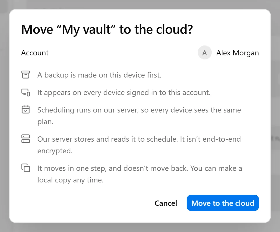 Move to the cloud confirmation showing the selected account and an explanation of what will change.