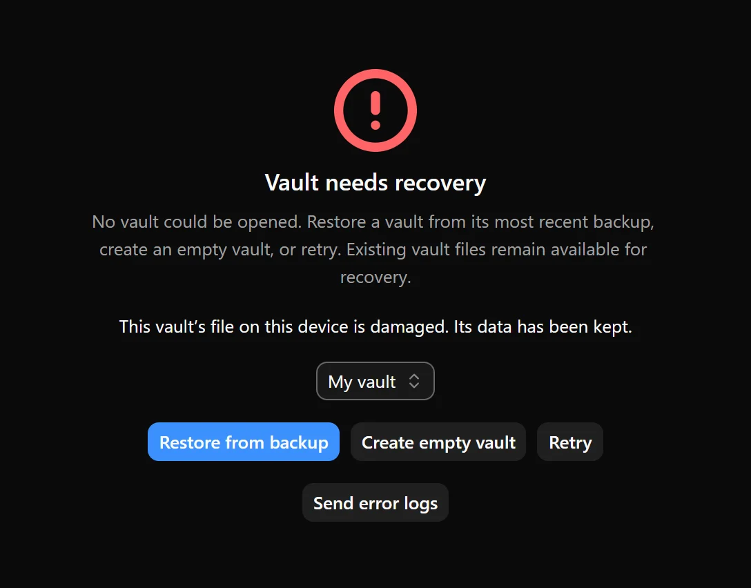 Vault needs recovery screen showing the vault selector, Restore from backup, Create empty vault, and Retry.
