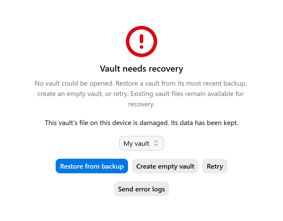 Vault needs recovery screen showing the vault selector, Restore from backup, Create empty vault, and Retry.