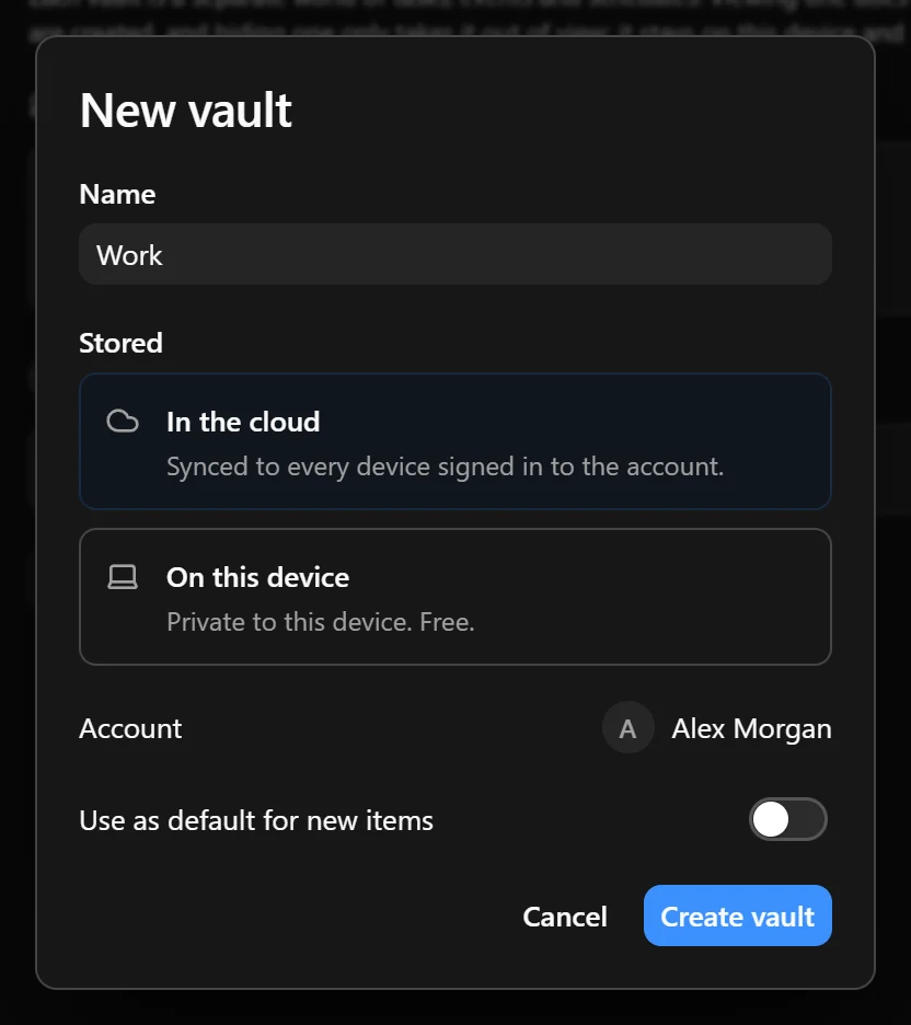 New vault dialog showing the name, storage options, account selection, and default setting.