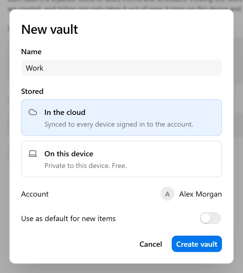 New vault dialog showing the name, storage options, account selection, and default setting.