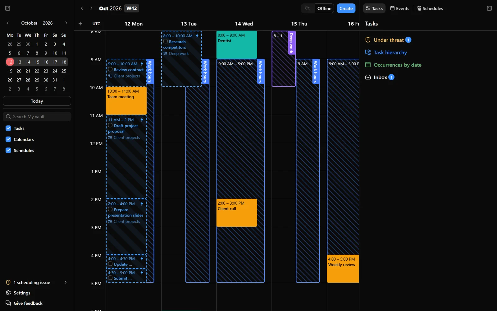 A cloud vault while the server cannot be reached: the existing plan stays on the calendar and the autocomplete control shows Offline.