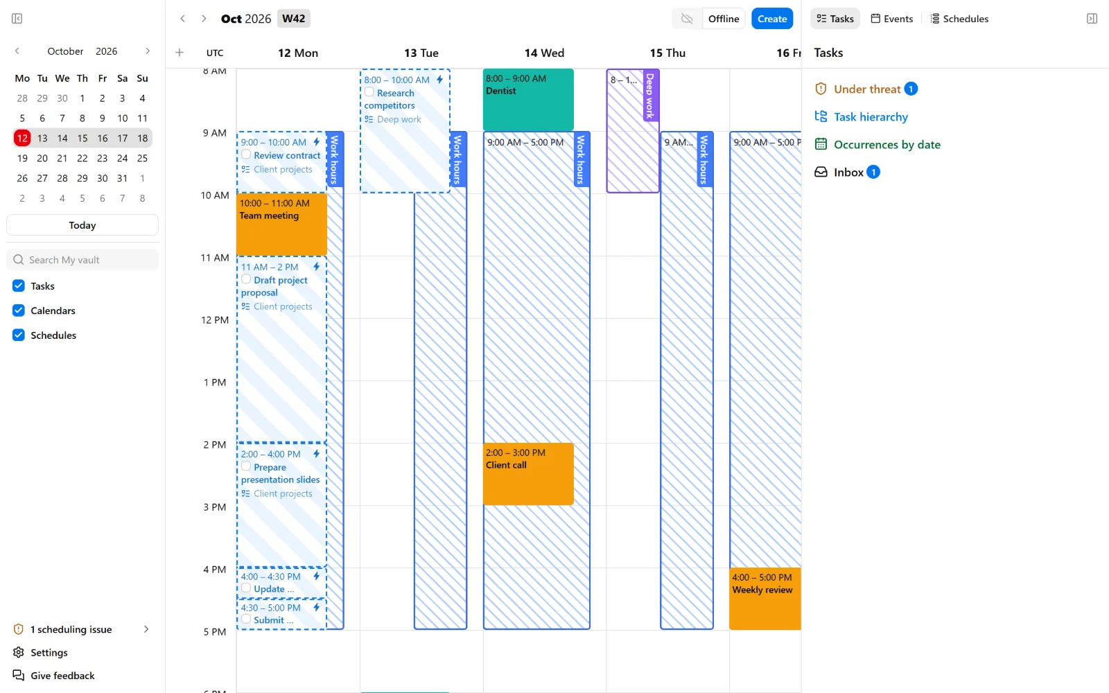 A cloud vault while the server cannot be reached: the existing plan stays on the calendar and the autocomplete control shows Offline.