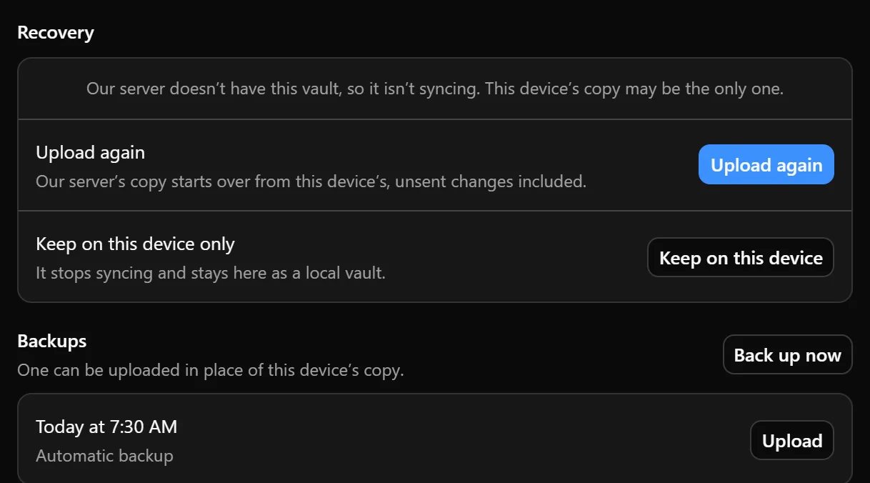 A vault’s Recovery section showing Upload again and Keep on this device, with a backup’s Upload action below.