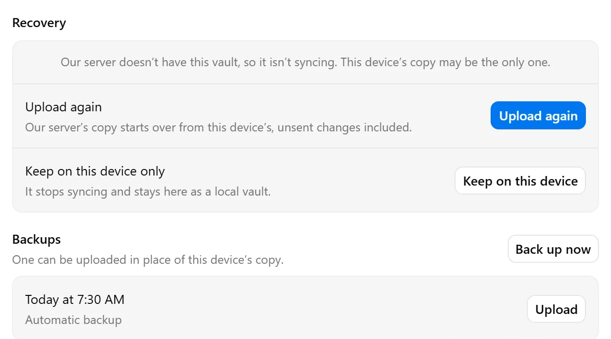 A vault’s Recovery section showing Upload again and Keep on this device, with a backup’s Upload action below.
