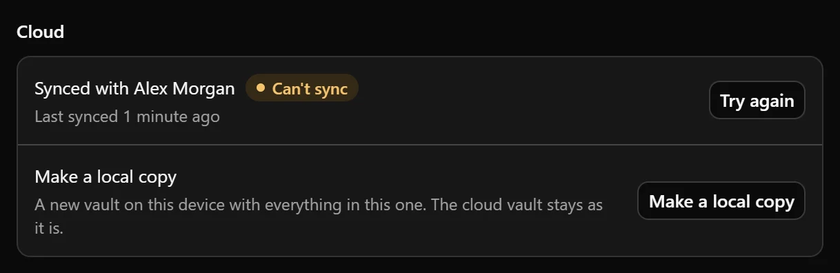 A cloud vault’s settings showing its sync status, last sync time, and Try again button.
