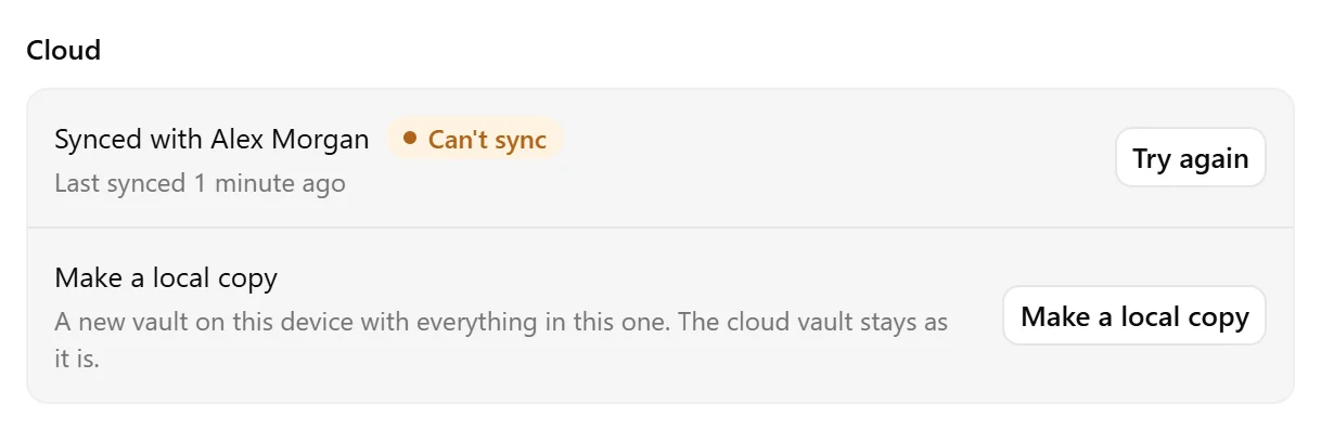 A cloud vault’s settings showing its sync status, last sync time, and Try again button.