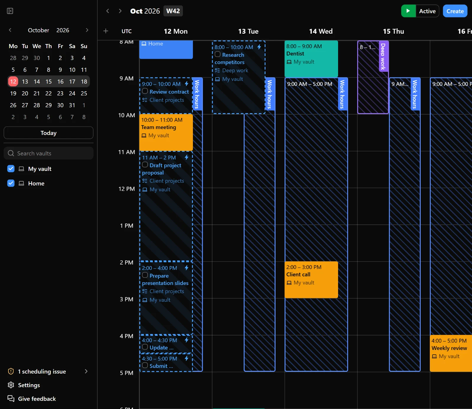 Calendar showing content from two vaults, with the vault filter open and both vaults selected.