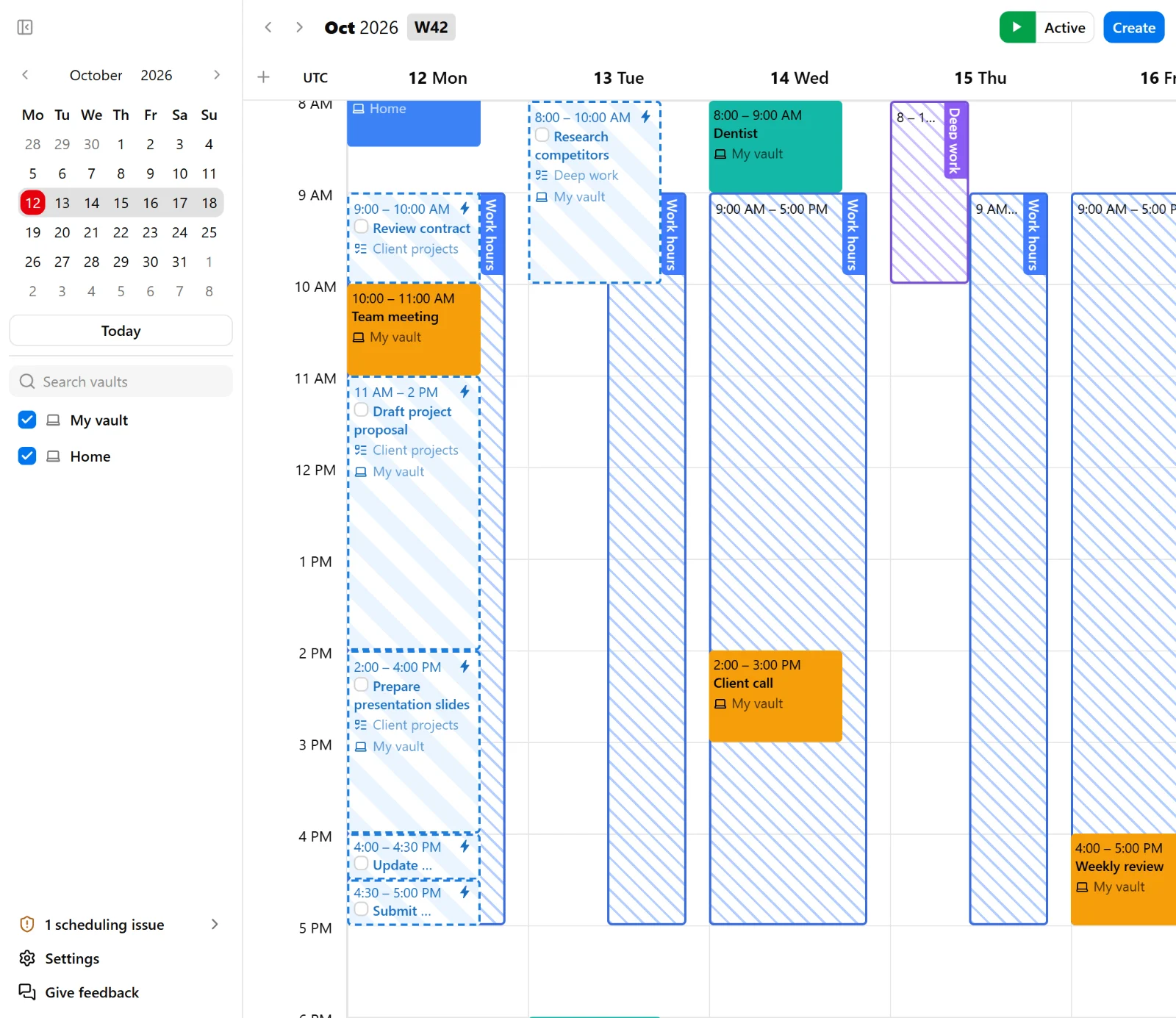 Calendar showing content from two vaults, with the vault filter open and both vaults selected.